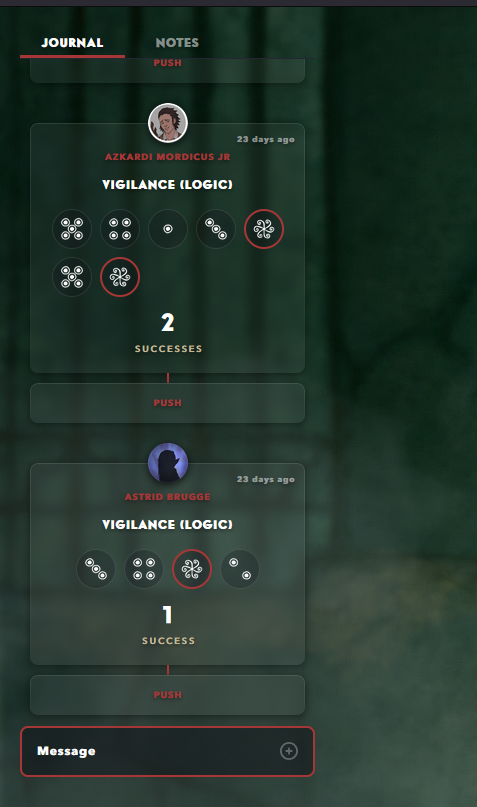 Alchemy's Vaesen journal displaying a series of dice rolls and their calculated results.