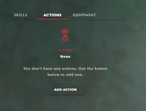 Alchemy's Vaesen character sheet actions listing. No actions are available for the character in question, and there is a button labelled Add Action for creating them.