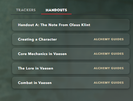 Alchemy's Vaesen handouts interface. Five entries are shown: A Note From Olaus Klint, Creating a Character, Core Mechanics in Vaesen, The Lore in Vaesen, and Combat in Vaesen.