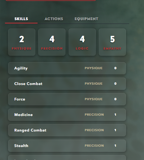 Alchemy's Vaesen character sheet skills listing. Visible are 4 Attributes (Physique, Precision, Logic, and Empathy) and 6 skills (Agility, Close Combat, Force, Medicine, Ranged Combat, and Stealth).